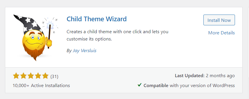 screen grab of child theme wizard plugin